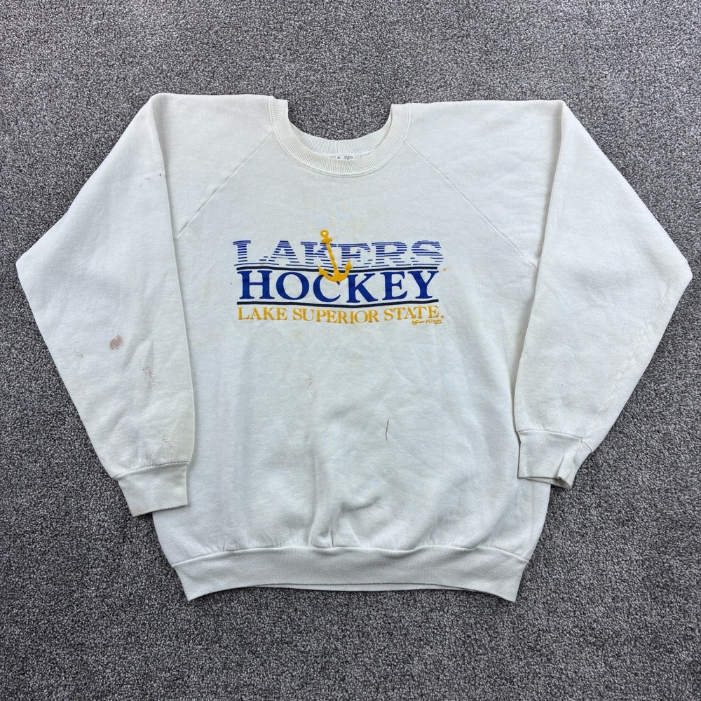 Vintage Lake Superior State Hockey Sweatshirt Mens XL White Cotton Michigan